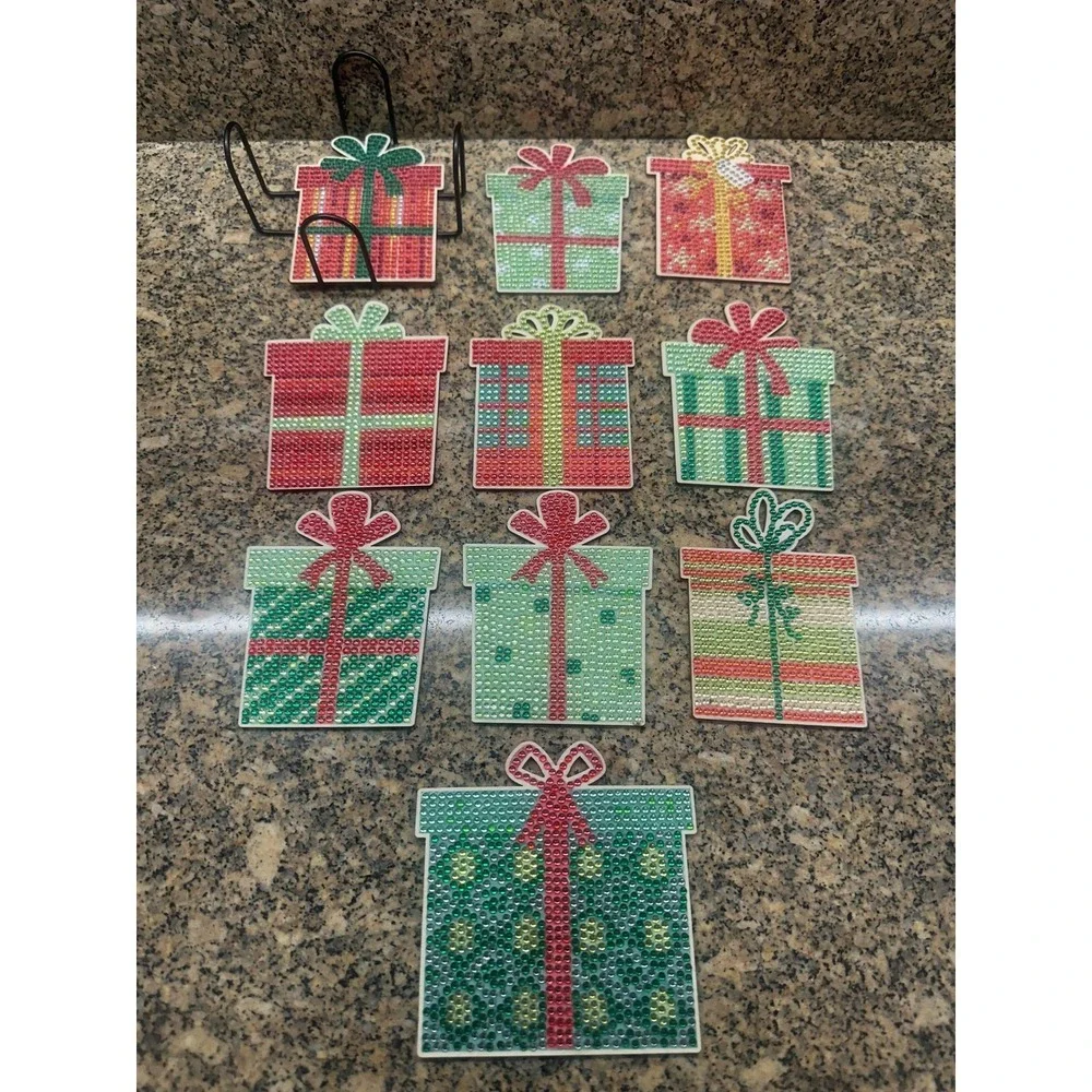 Christmas‎ Present Gift Box Rhinestone Coasters Set Of 10 With Metal Holder